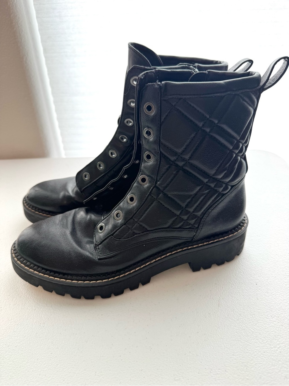 Nordstrom Rack Black Quilted Combat Boots Size 7 Lace Up Lug Sole Moto